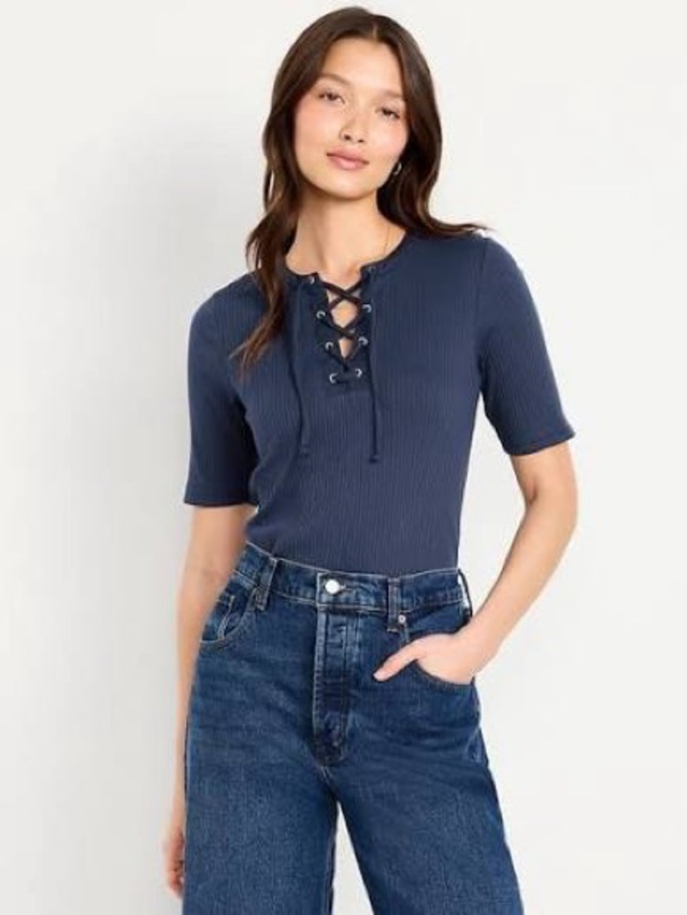 Old Navy Lace-Up Ribbed Short Sleeve Top - Navy